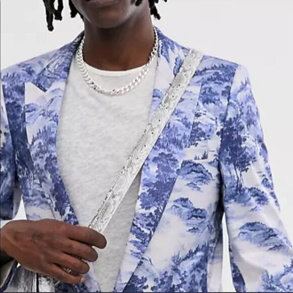 Blue Toile  Printed  Blazer - Picture 3 of 17